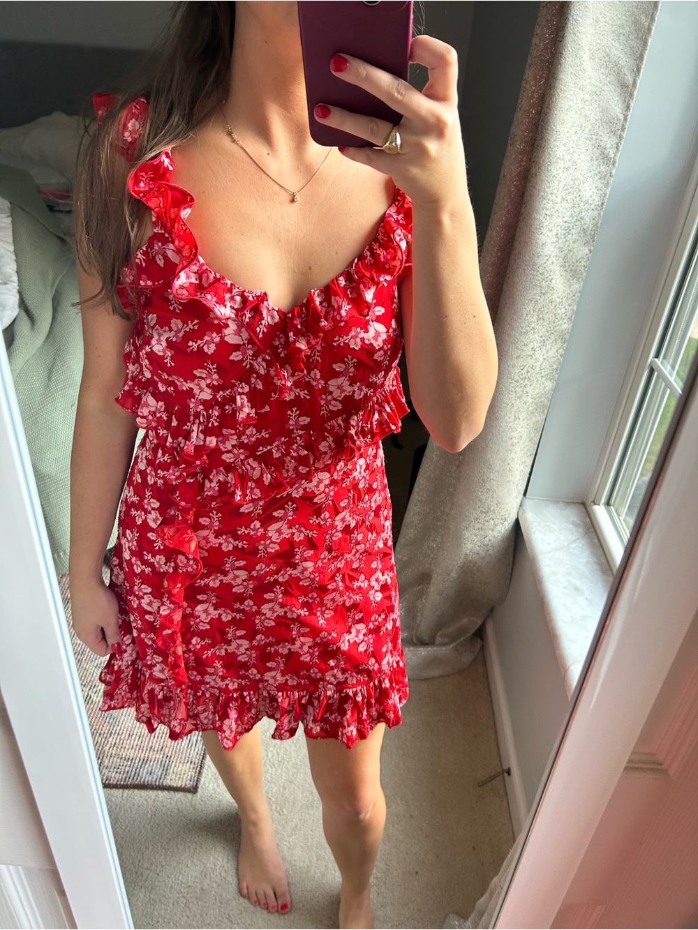 Red Floral Ruffle Mini Dress